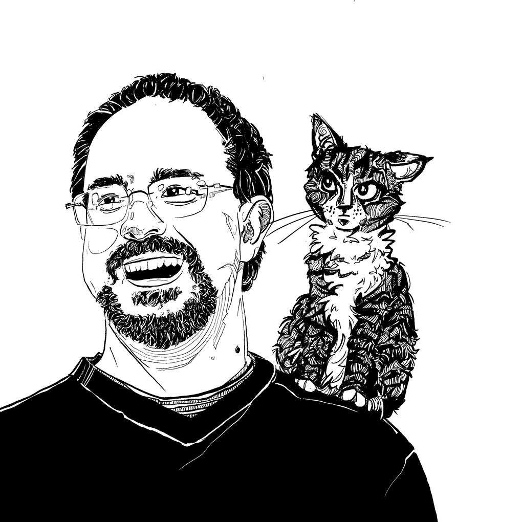 Æresgjest John Scalzi, Norcon 30. (Han gjenkjente øyeblikkelig hvilken katt som ble portrettert!)