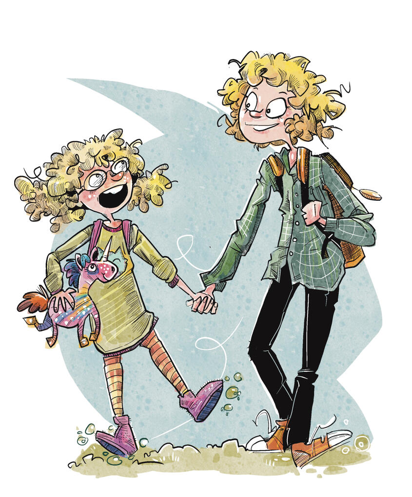 Illustrasjon for Framtida Junior. Queen Petrine går hjem fra skolen sammen med lillesøster Hennie